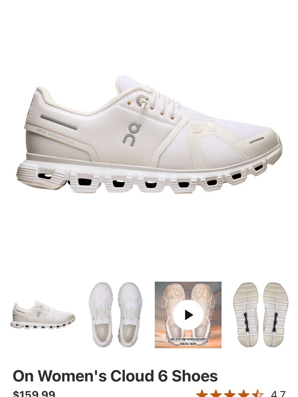 On Running Women's Cloud 6 Sneakers in White/Cream